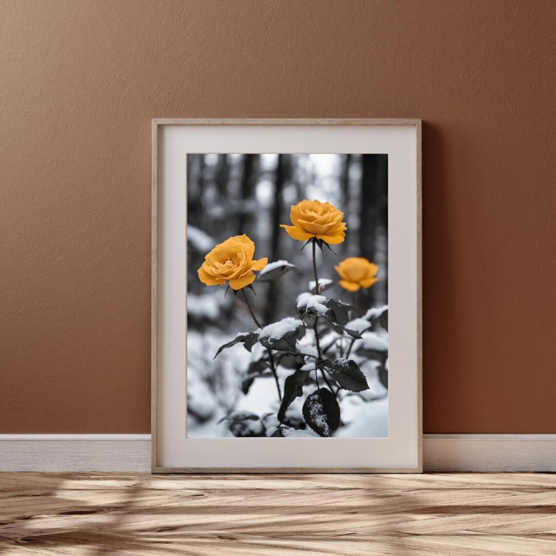 Golden Yellow Roses In Snow Black And White Winter Forest Photo Wall Print - Image 6
