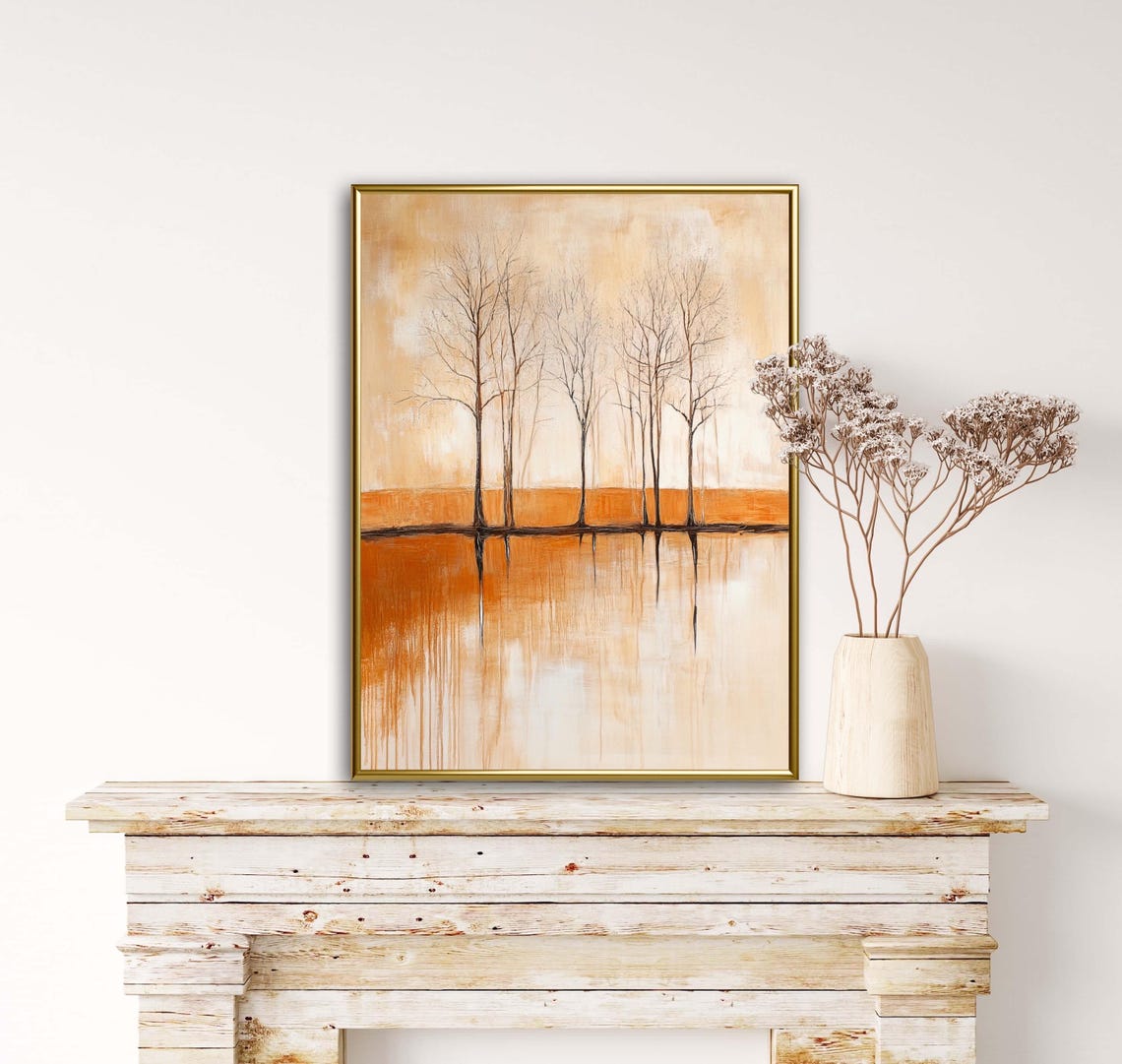 Warm Minimalist Autumn Trees Reflected In Orange Water Art Print - Image 4