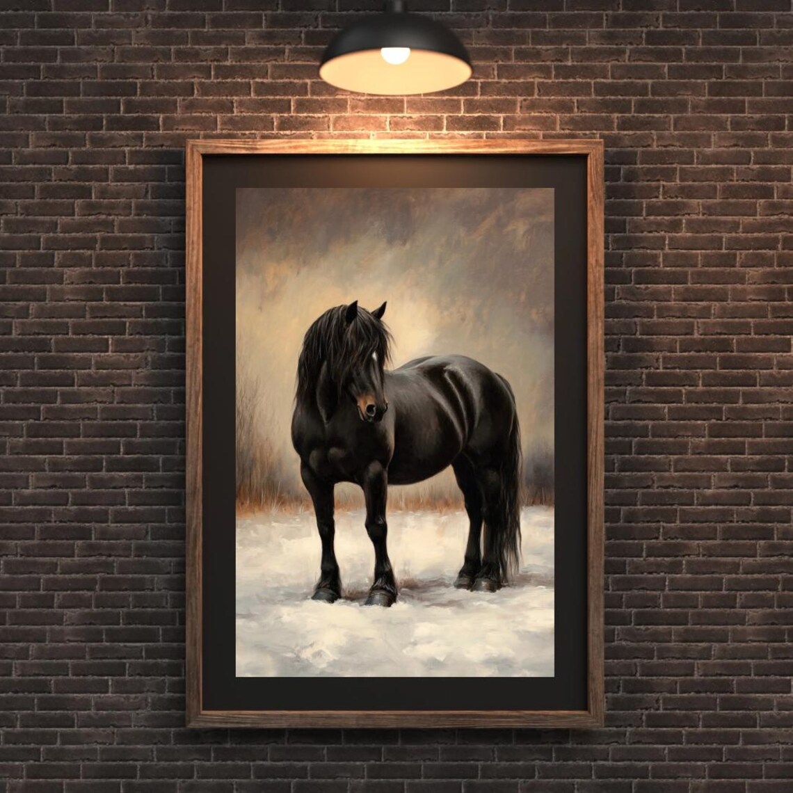 Majestic Black Draft Horse Standing In Snow Moody Winter Wildlife Art Print - Image 2