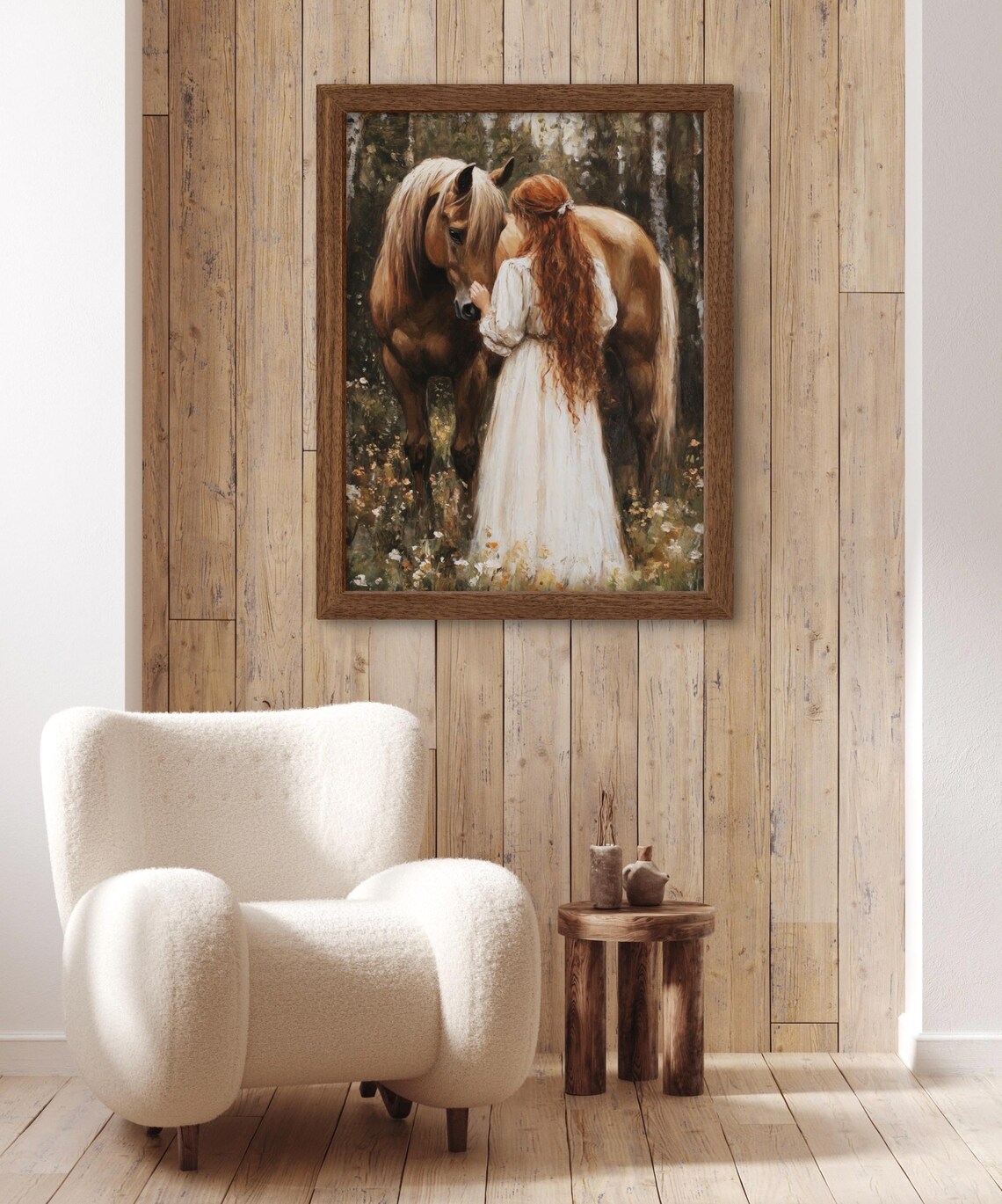 Red Haired Girl with Brown Horse in Flower Forest Vintage Wall Art Poster - Image 3
