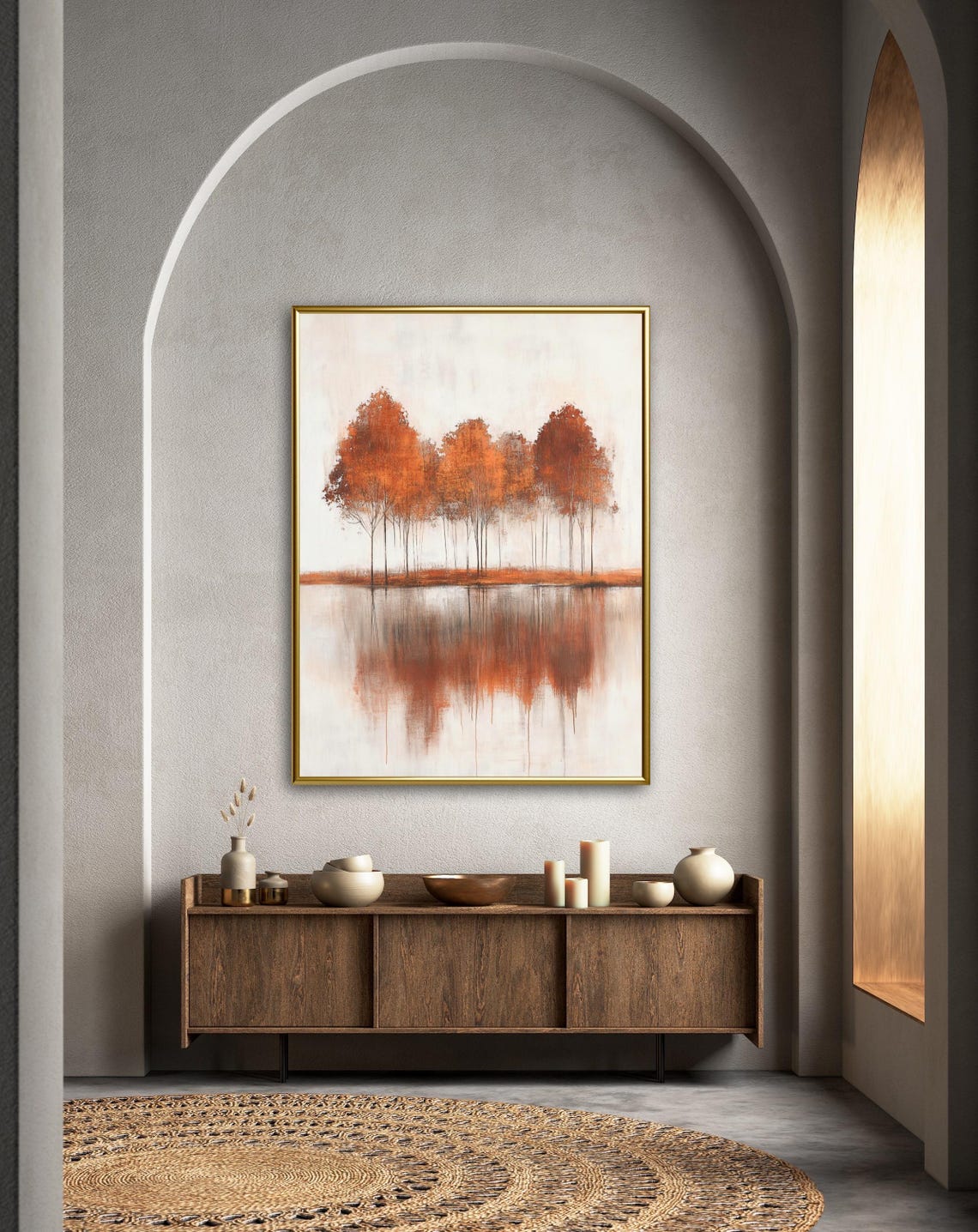 Autumn Tales Orange Tree Grove Calm Water Reflection Art Poster - Image 2