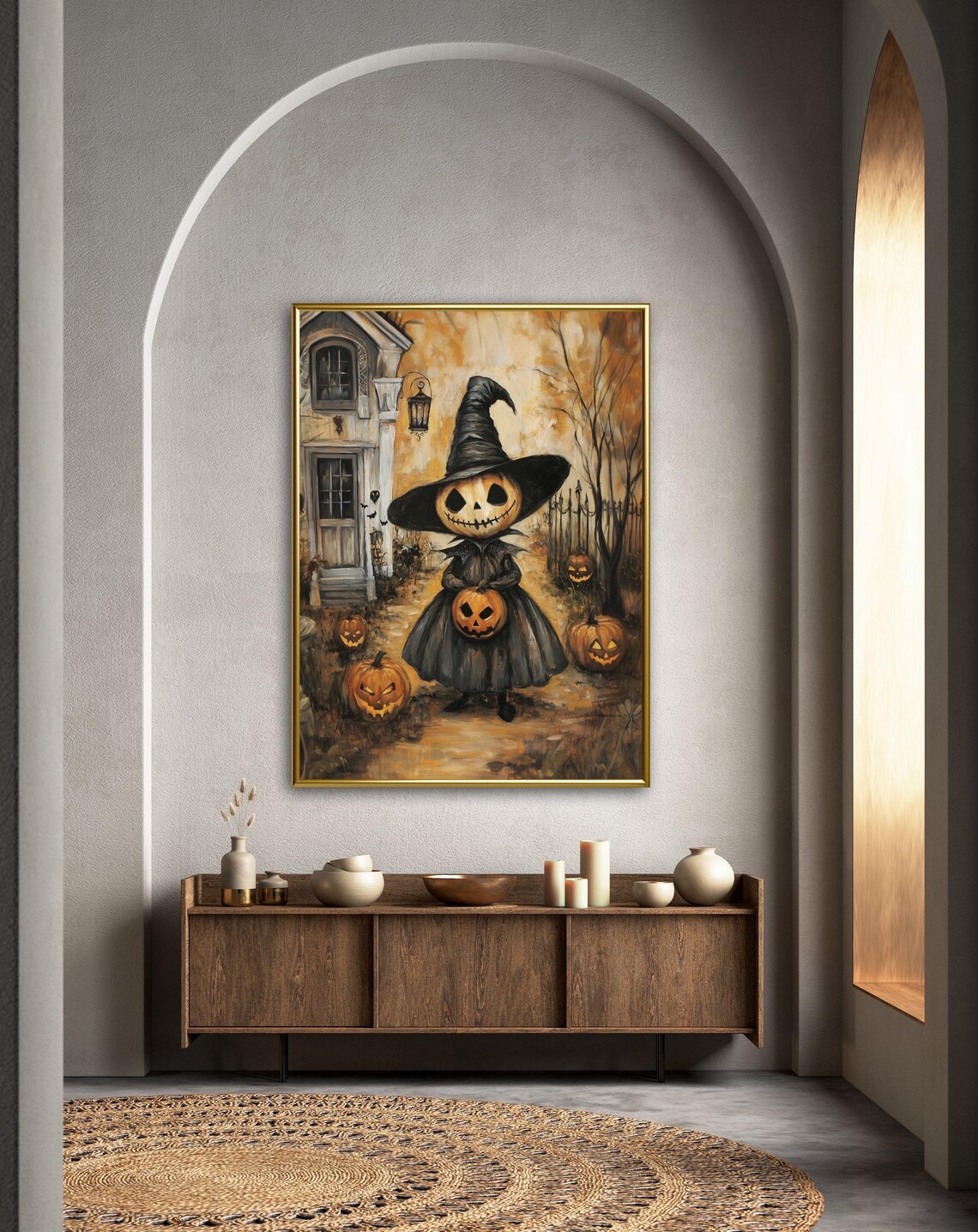 Cute Pumpkin Head Witch Girl With Jack O Lanterns Vintage Halloween Poster - Image 4