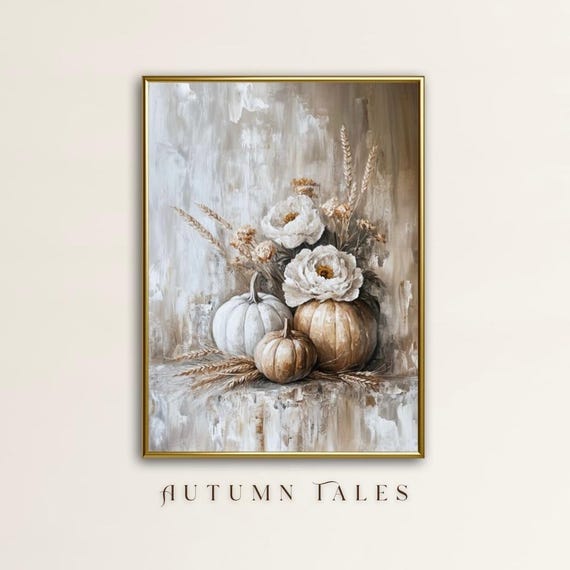 Moody White Pumpkin And Peony And Wheat Still Life Wall Art Print Fall Farmhouse Home Decor Vintage Antique Floral Oil Painting