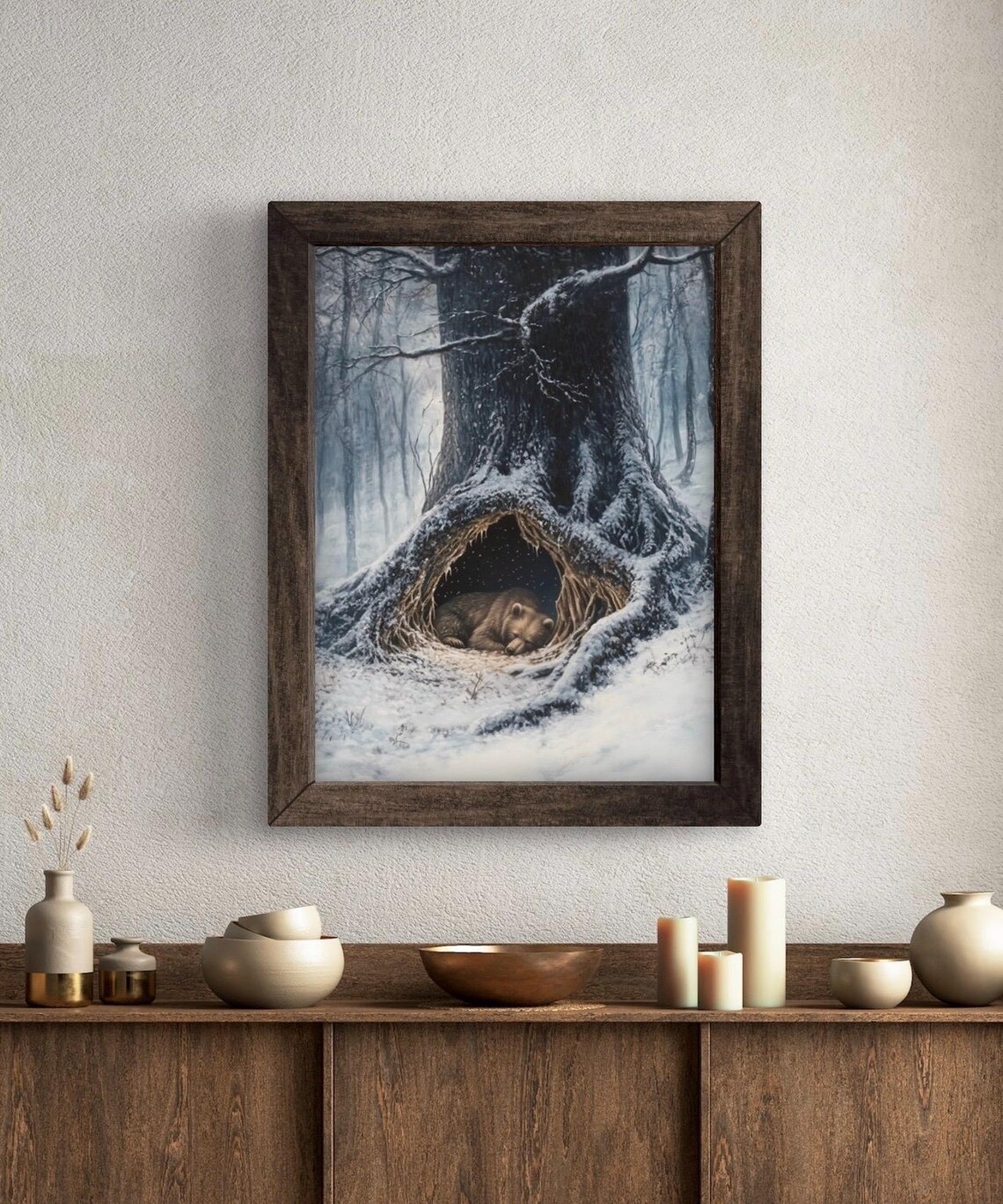Sleeping Bear Resting Under Snowy Tree Roots Winter Forest Wall Art Poster - Image 5