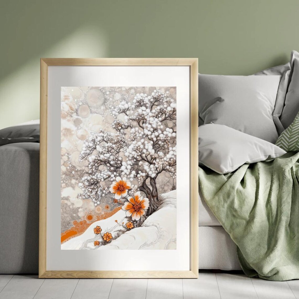 Snowy Blossoming Tree Ink Wash Style with Orange Flowers Winter Wall Art Poster - Image 4