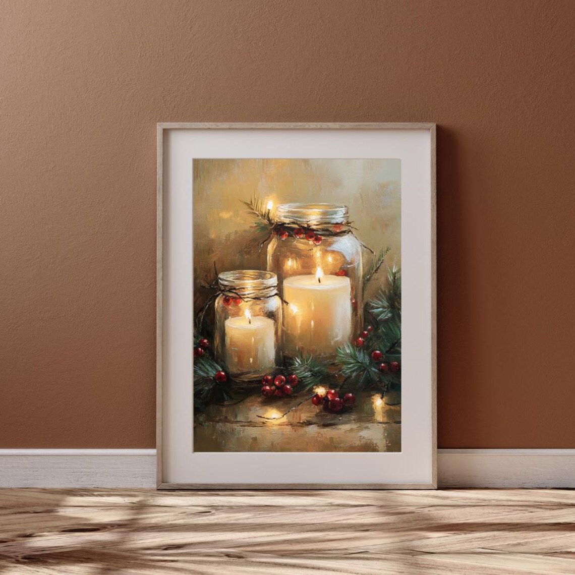 Mason Jar Candle With Holly Christmas Art Print - Image 5