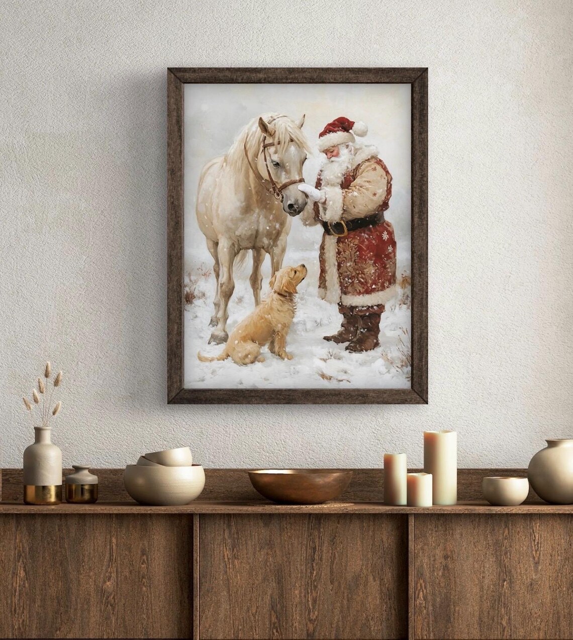 Vintage Christmas Santa, Horse and Retriever Art Print - Image 3