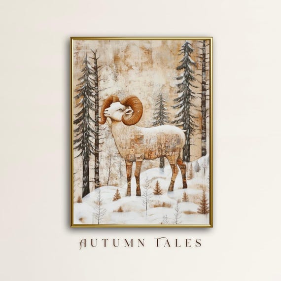 Cute Ram In Forest Wall Art Print Animal Wild Life Modern Farmhouse Winter Fall Moody Chrsimas Decor Snowy Forest Landscape Art