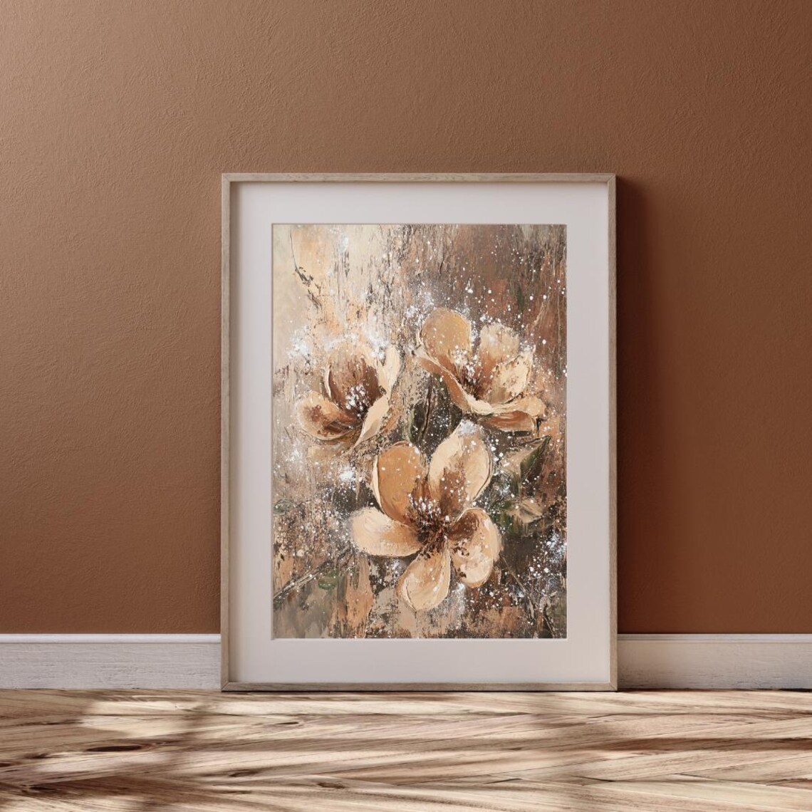 Abstract Caramel Brown Flowers on Dark Texture Moody Botanical Wall Art Poster - Image 6