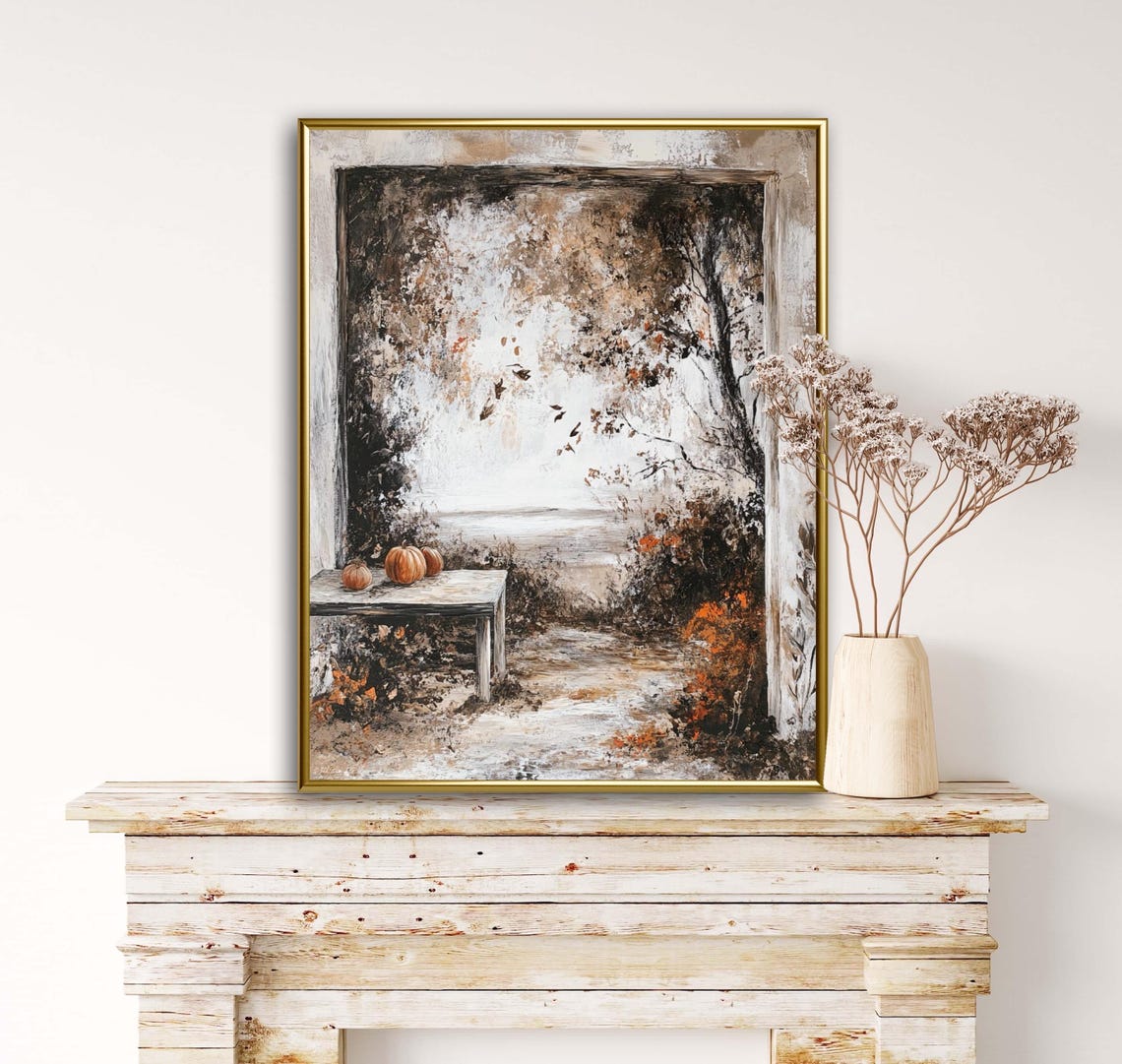 Autumn Pumpkins On Rustic Table By Lake View Window Art Print - Image 4