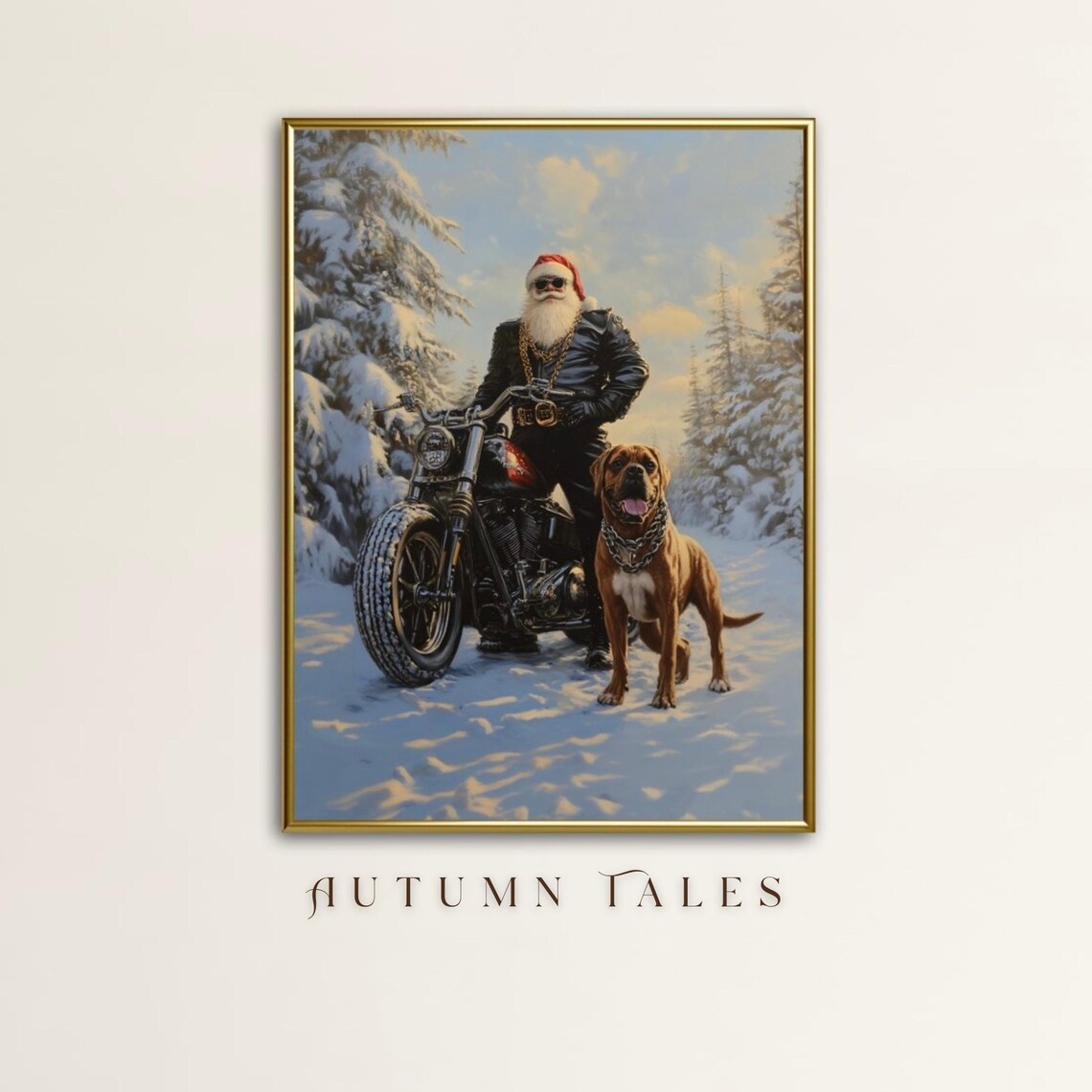 Biker Santa Motorcycle with Big Dog Funny Winter Holiday Poster