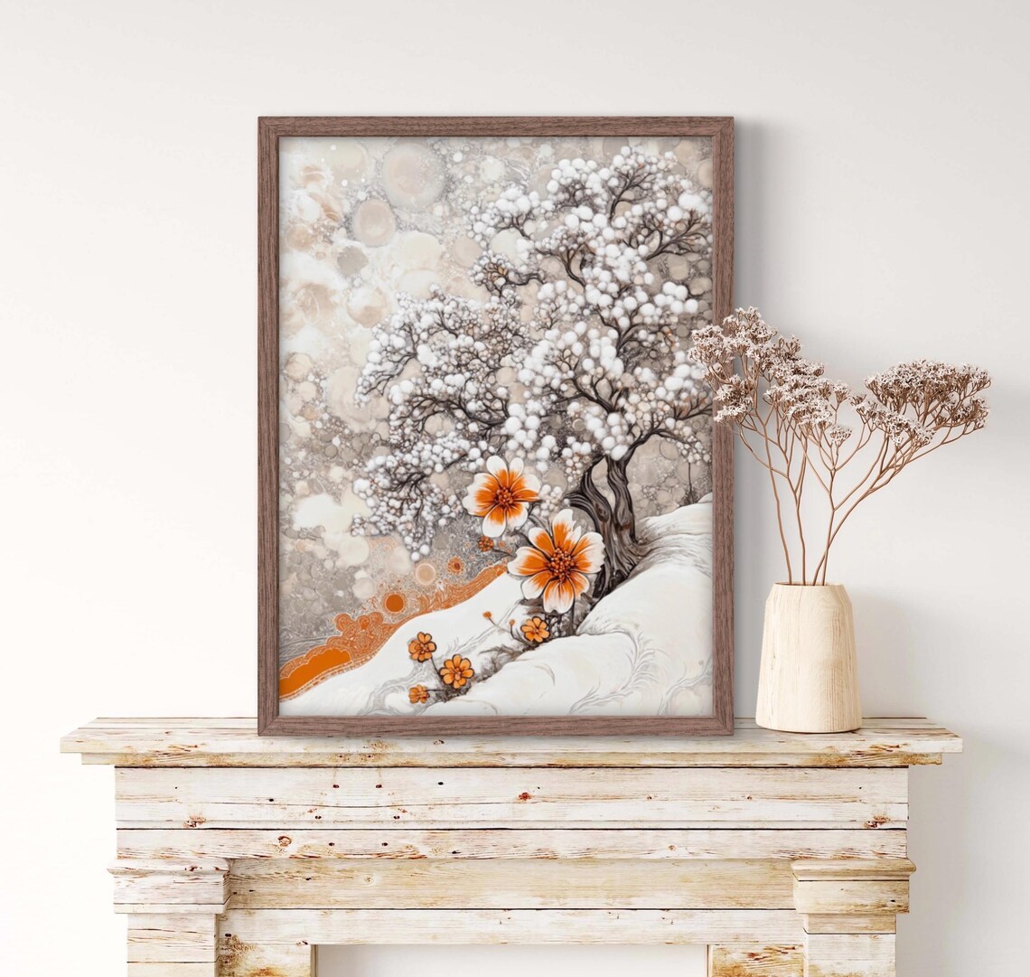 Snowy Blossoming Tree Ink Wash Style with Orange Flowers Winter Wall Art Poster - Image 3