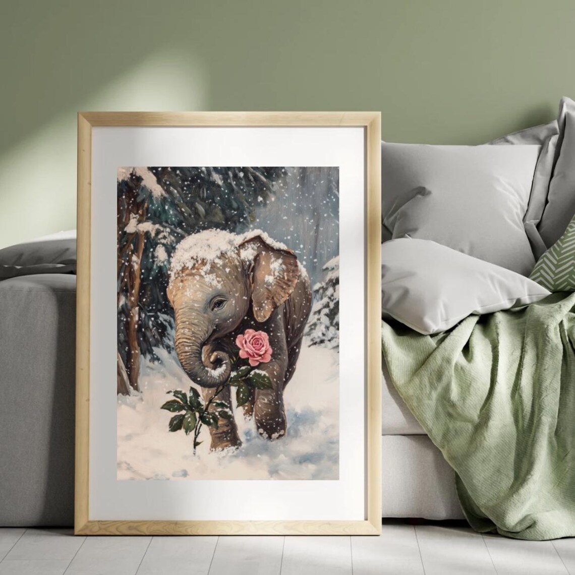 Cute Baby Elephant in Snow Holding Pink Rose Winter Animal Wall Art Poster - Image 4
