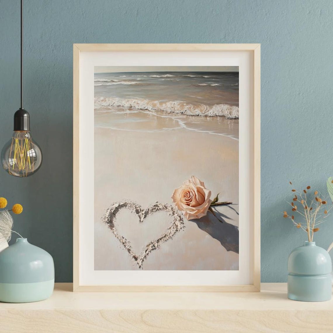 Beach Heart Sand Drawing Pink Rose Valentines Romantic Poster - Image 3
