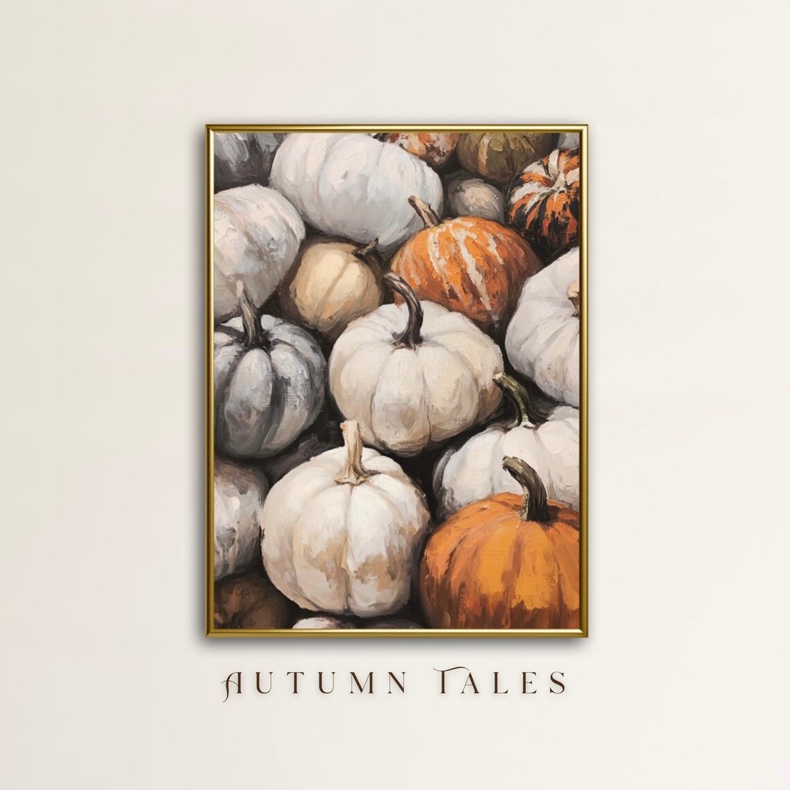 Heap of White and Orange Pumpkins Patch Farmhouse Autumn Color Wall Art