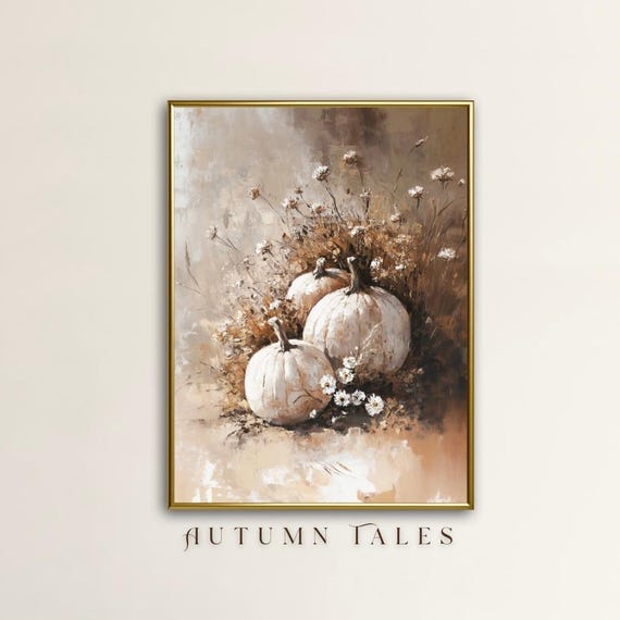 Wildflower Pumpkin Patch Fall Wall Art Print Still Life Moody Farmhouse Decor Vintage Oil Color Painting Cozy Nuetral Tones