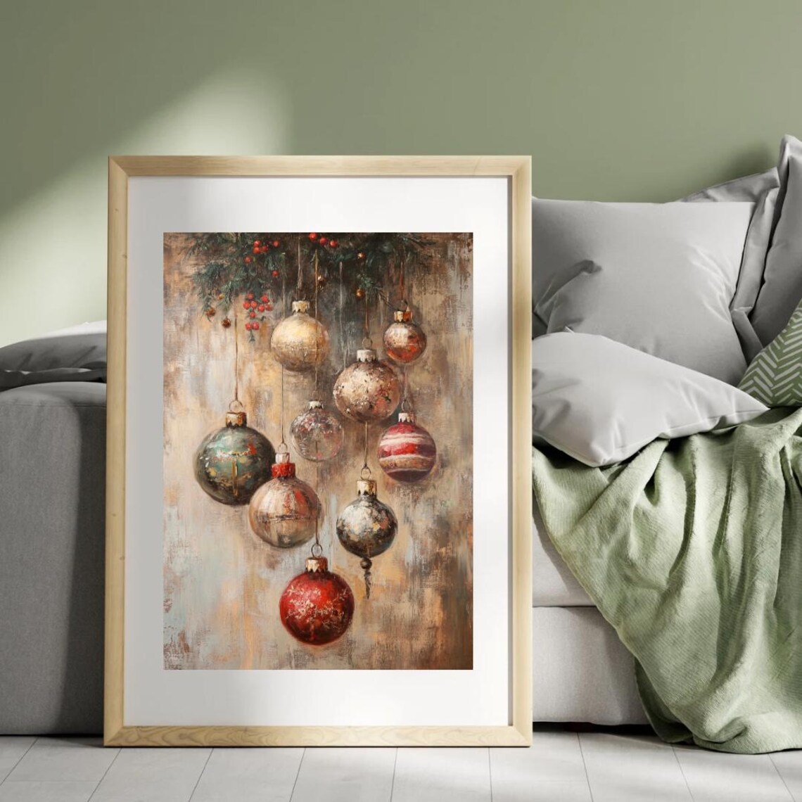 Vintage Christmas Ornaments Art Print, Rustic Holiday Decor - Image 3