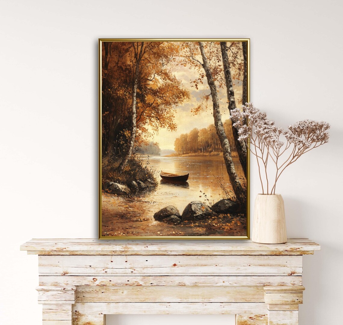 Fall Lake And Boat Art Print, Vintage Landscape - Image 3