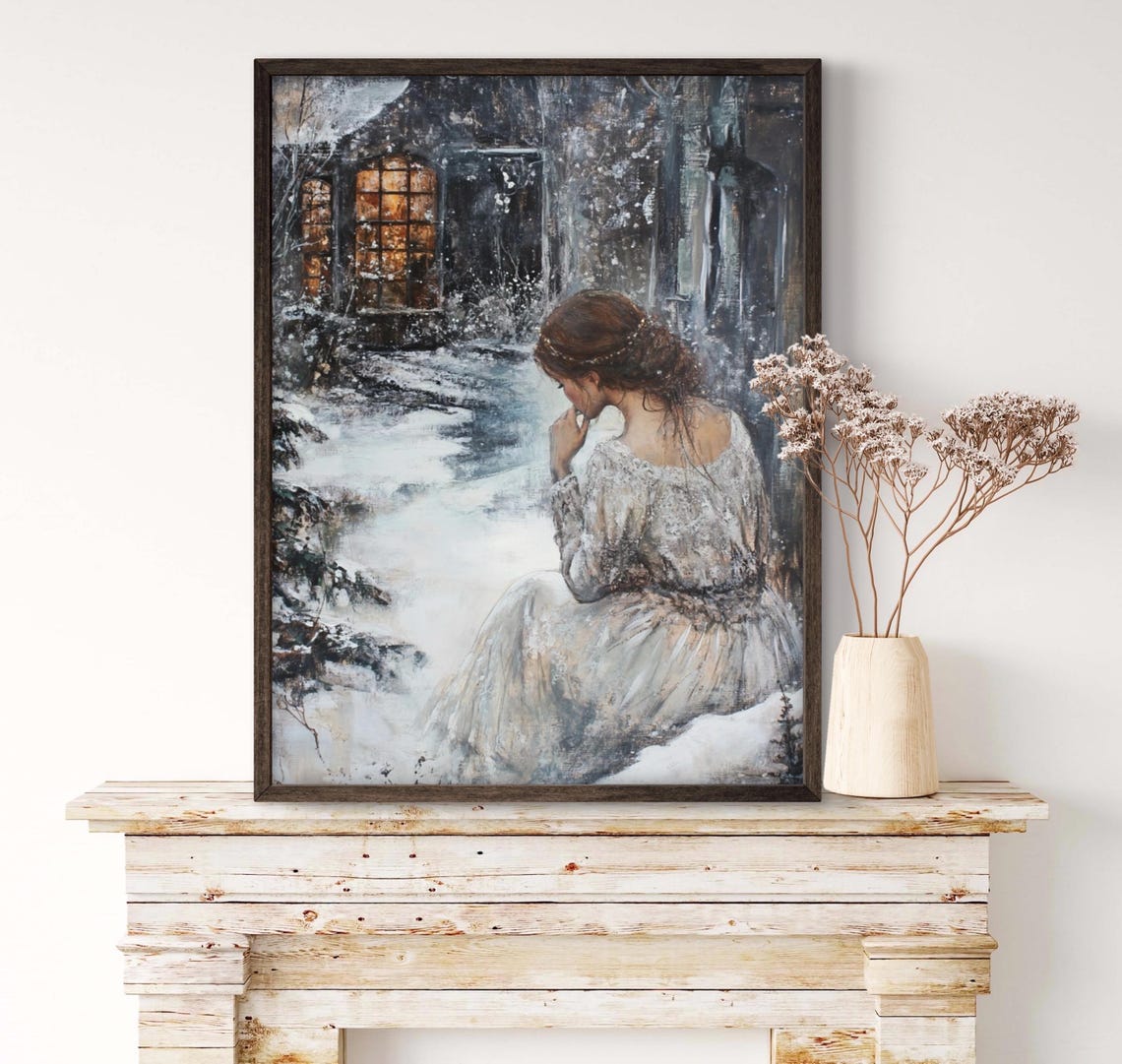Victorian Winter Cottagecore Wall Art Print Of A Girl In White Dress Moody Snowy Day Vintage Romantic Painting - Image 3