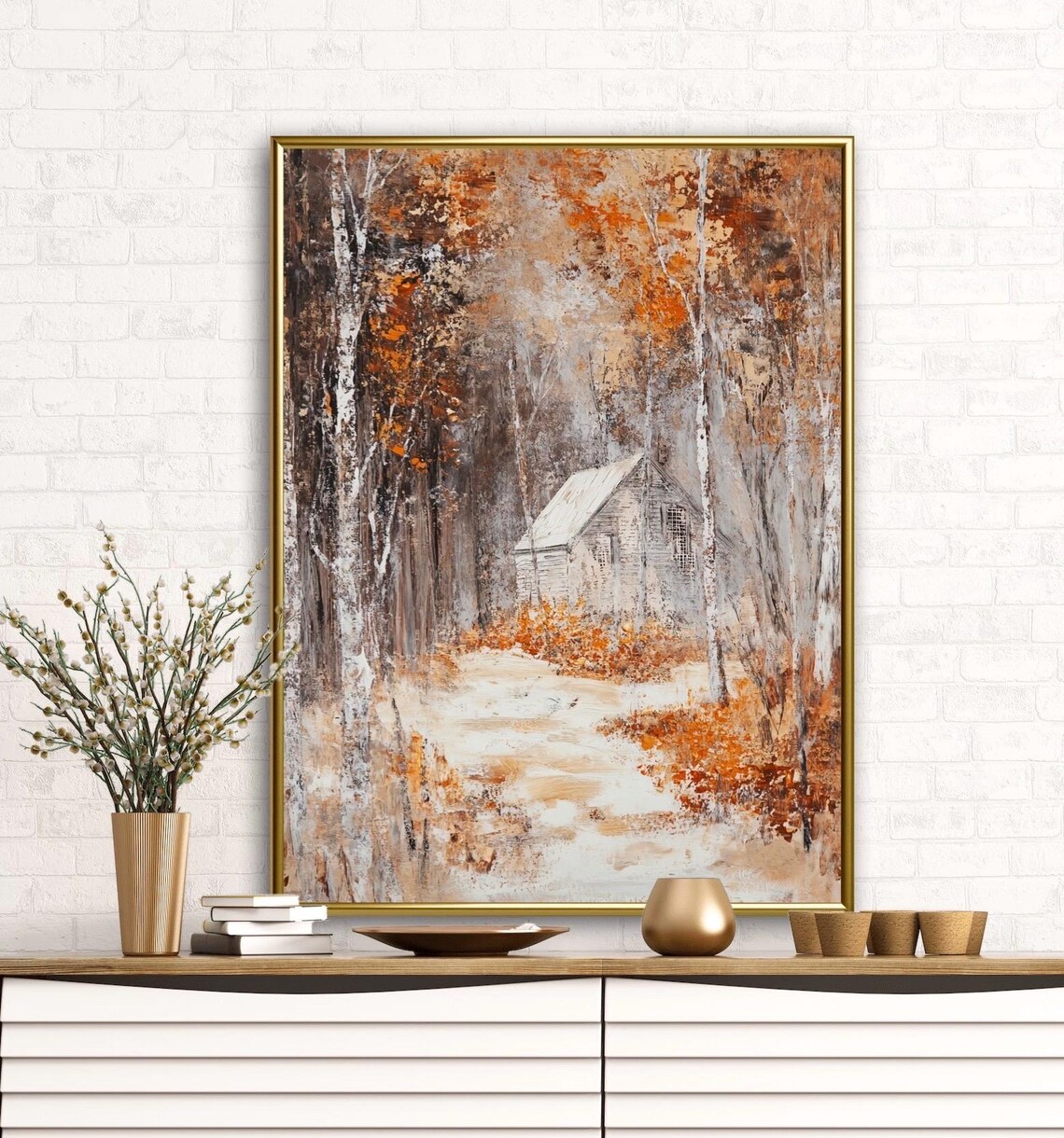 Cozy Secluded Snowy Birch Forest Cabin In Autumn Woods Art Print - Image 4