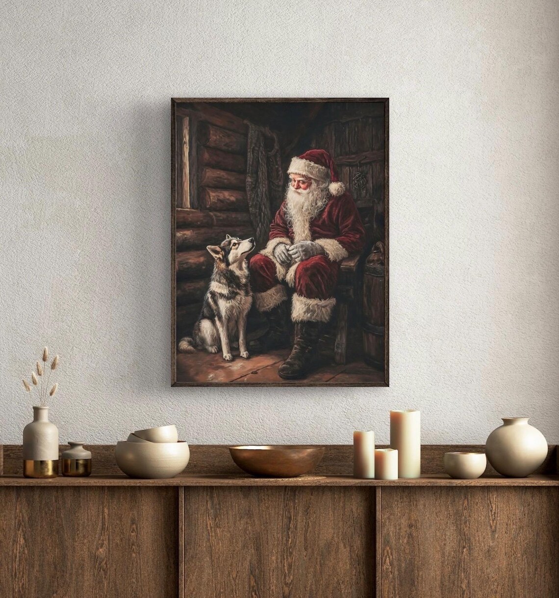 Santa and Husky Dog Cozy Cabin Vintage Christmas Art Print - Image 5