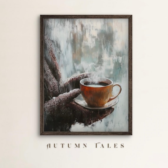 Steaming Tea Cup Held In Knitted Gloves Frosty Window View Winter Poster
