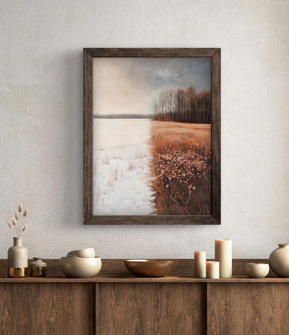 Half Winter Half Spring Snowy Field With Golden Grasses Seasonal Landscape Poster - Image 5
