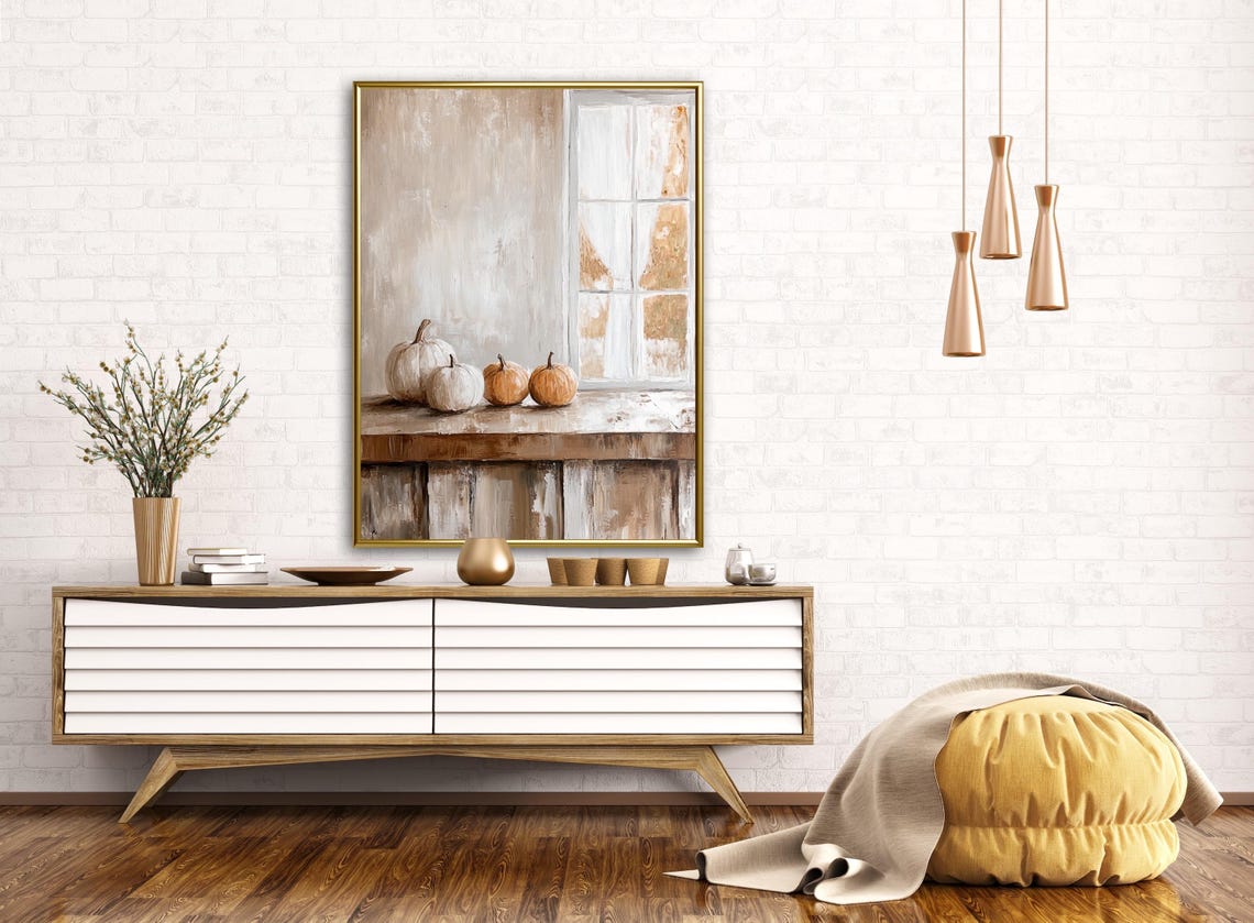 Fall White And Orange Pumpkins On Farmhouse Windowsill Art Print - Image 2