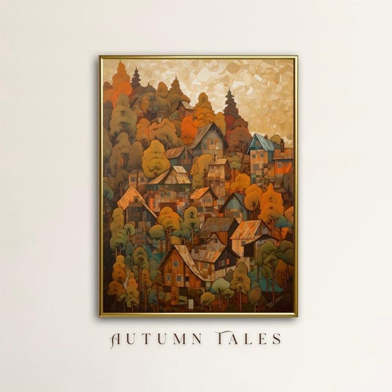 Cottagecore Forest Fall Wall Art Print Moody Folk Art Watm Earthy Colors Mountain Hill Village Modern Farmhouse Decor Kids Room Decor