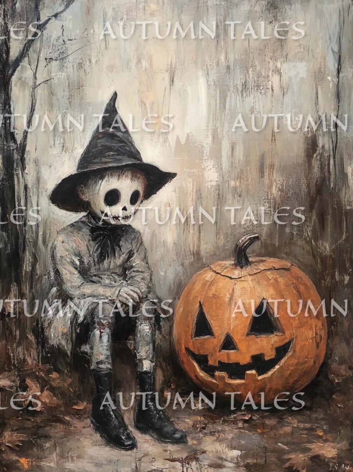 Spooky Skeleton Boy Witch Hat Jack O Lantern Fall Halloween Poster - Image 3