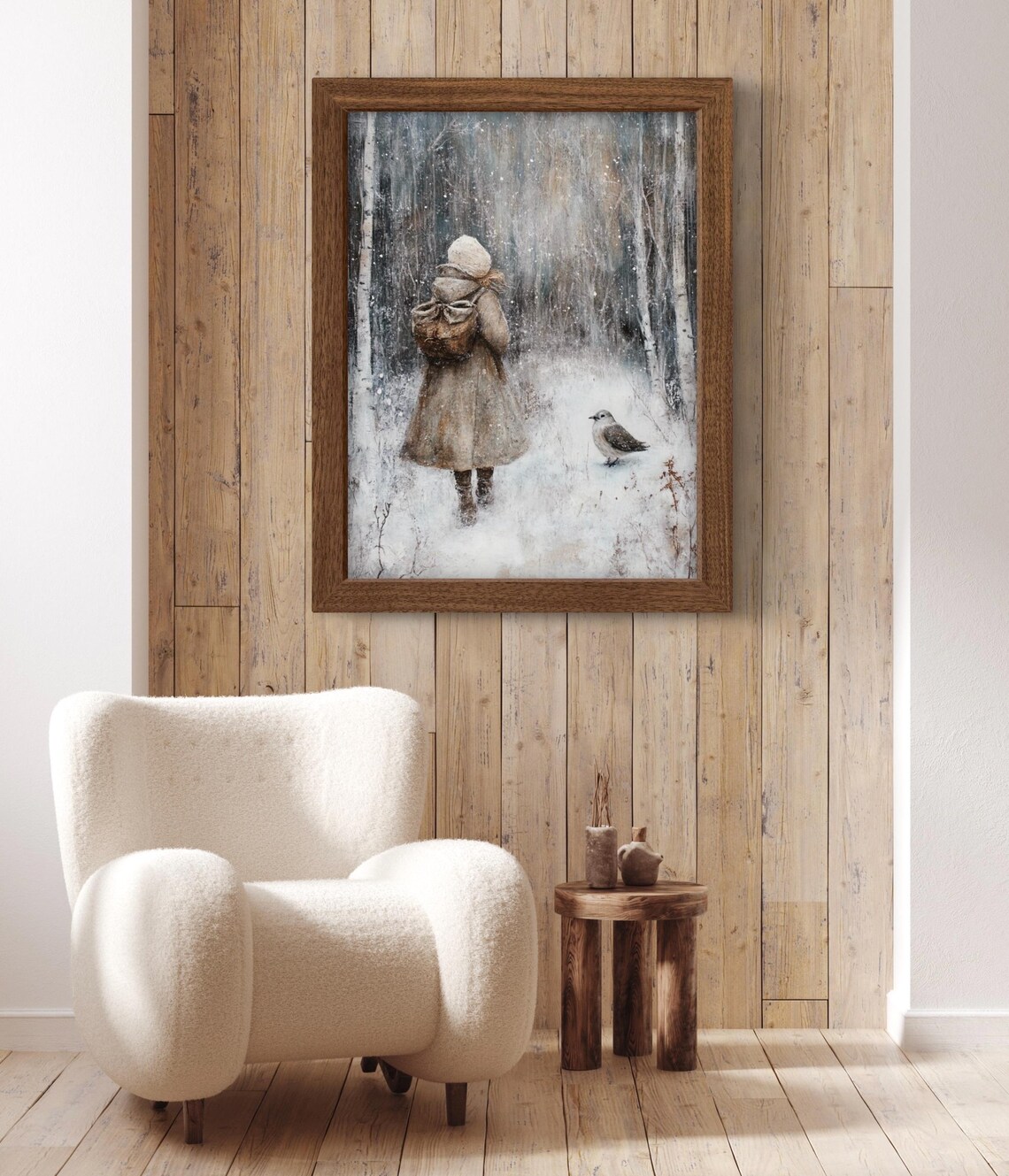 Winter Forest Girl And Bird, Moody Vintage Art Print - Image 3