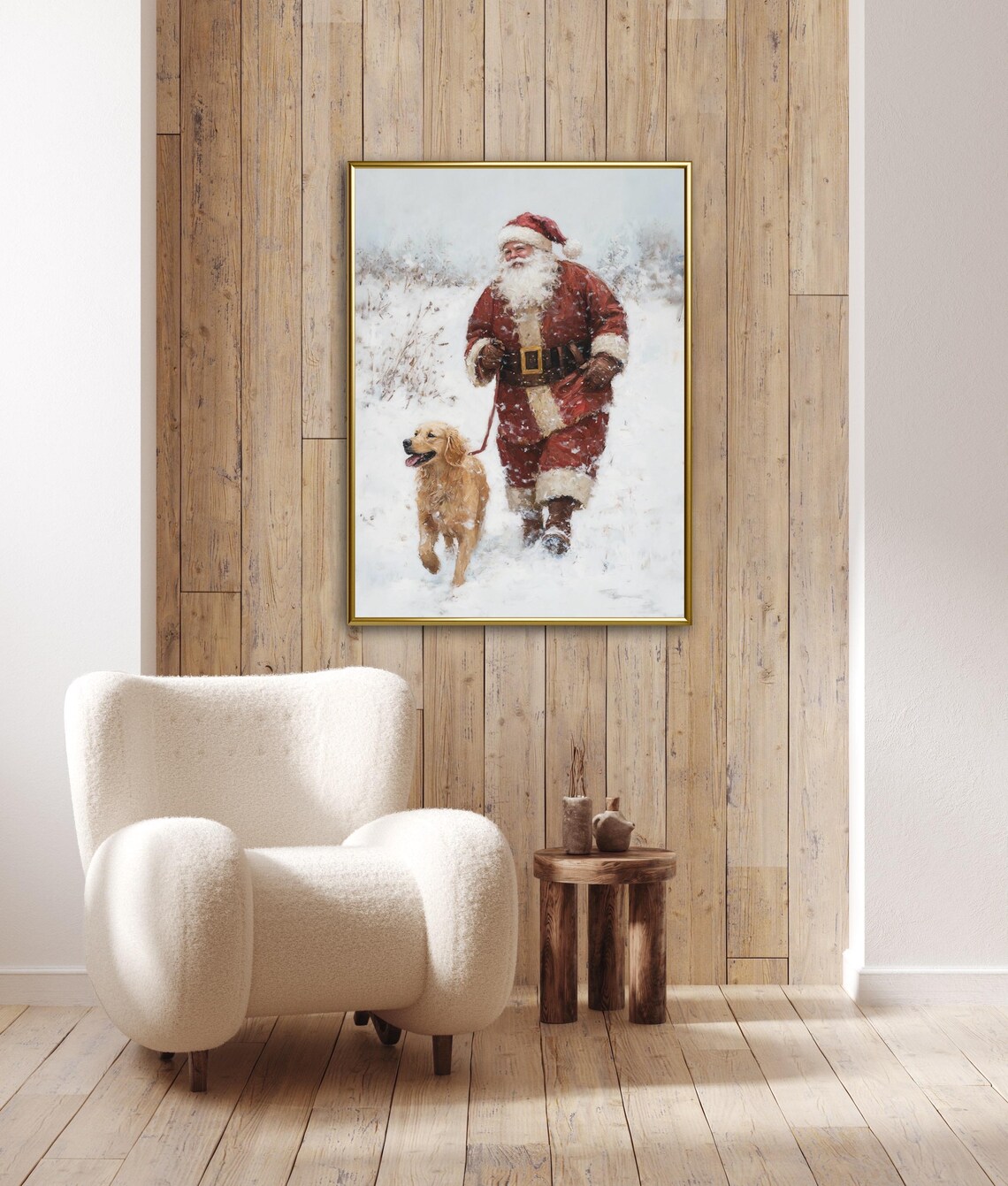 Vintage Santa With Golden Retriever, Christmas Art Print - Image 5
