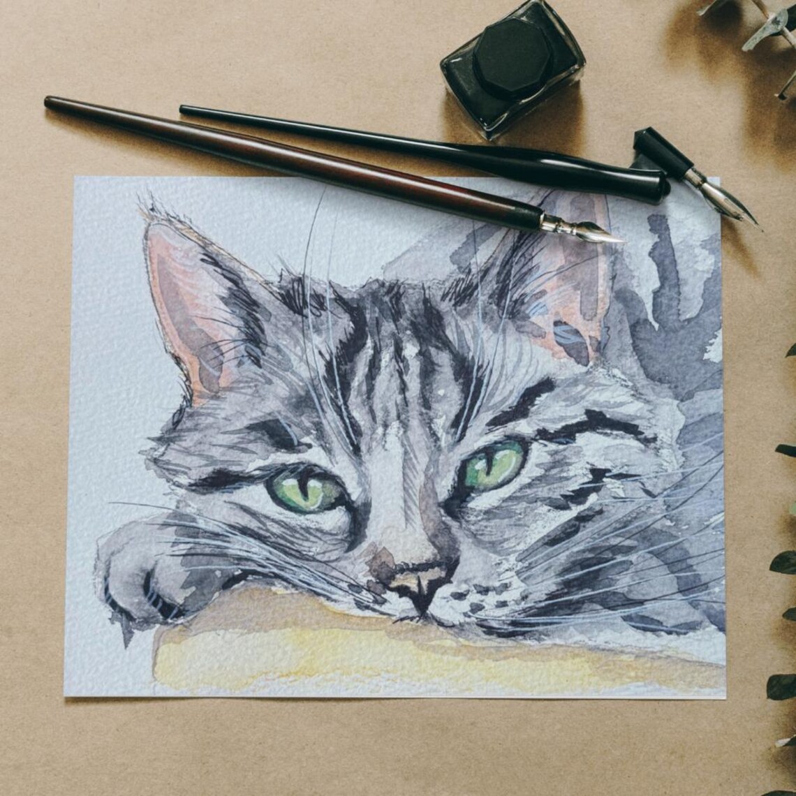 Gray Tabby Cat Watercolor Poster Green Eyes Original Artwork - Image 4