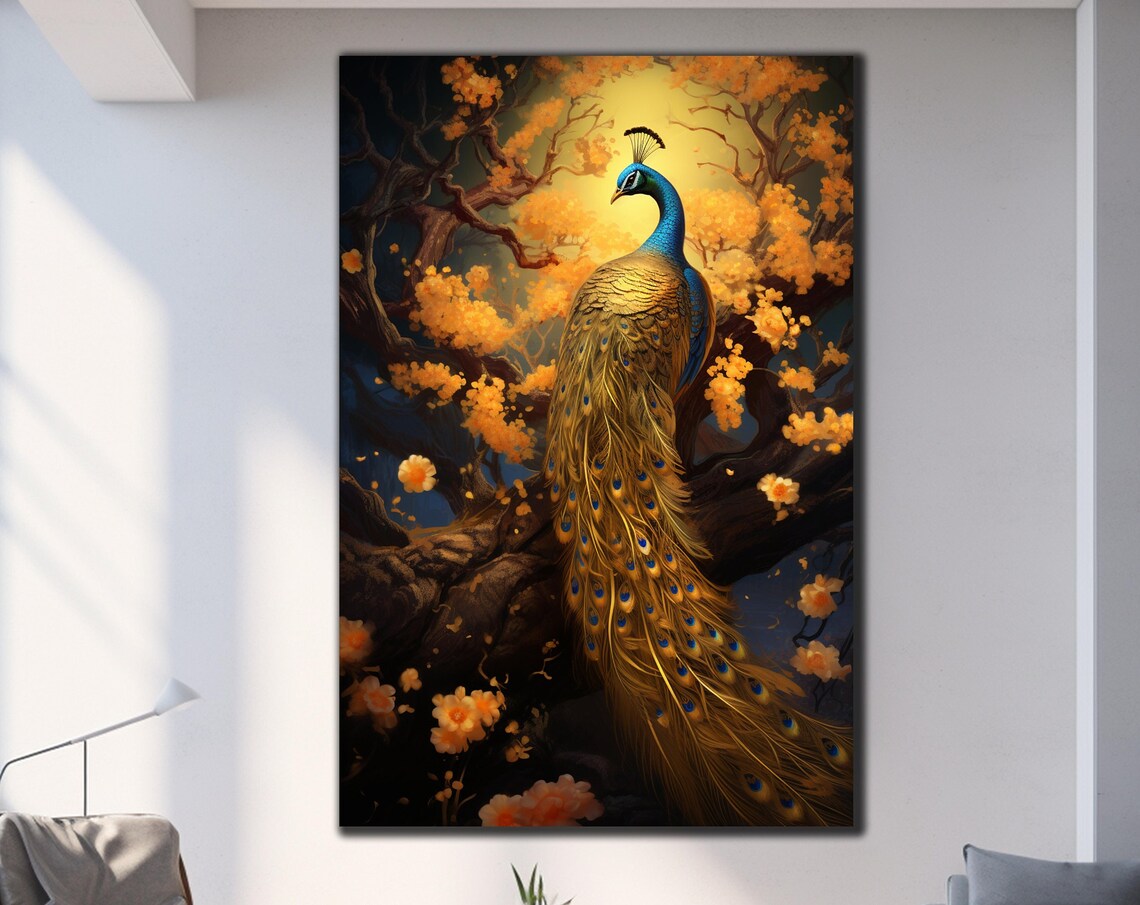 Golden Peacock Orange Blossom Tree Dark Elegant Bird Art Wall Poster