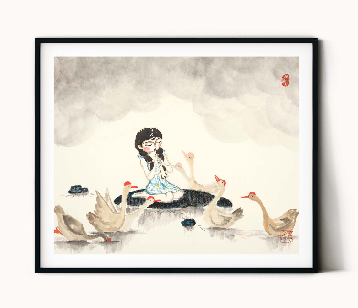 Girl And Geese Music Chinese Ink Painting Art Print - Image 2