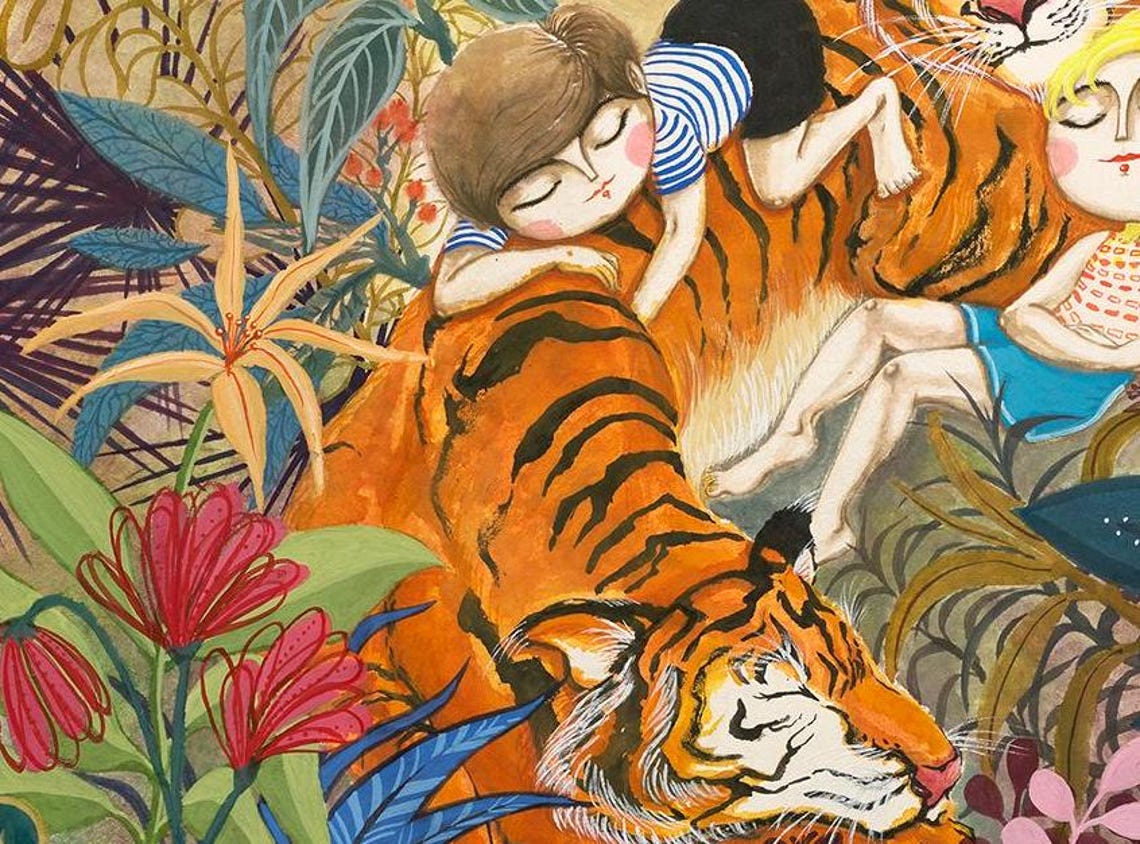 Two Kids Napping With Tigers Lush Jungle Cozy Bedtime Poster - Image 3