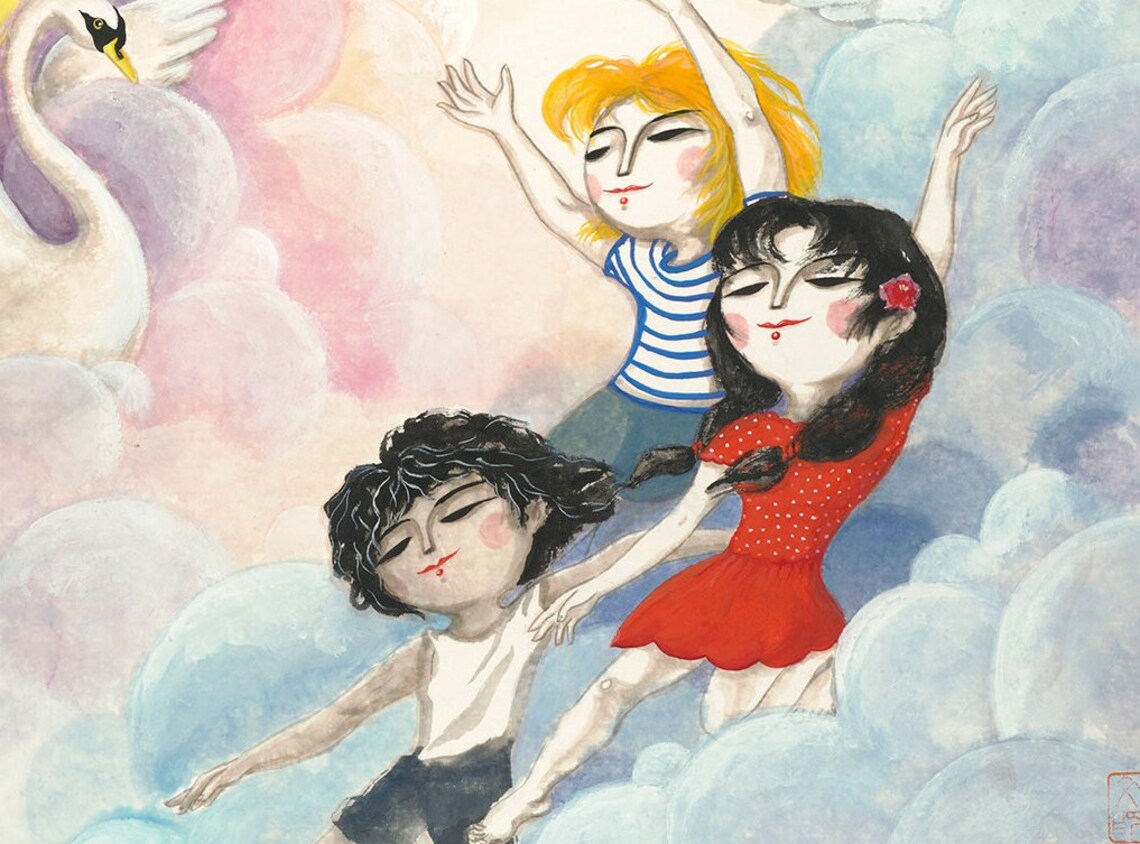 Kids Flying With Swans Pastel Clouds Dream Art Dreamy Poster - Image 2