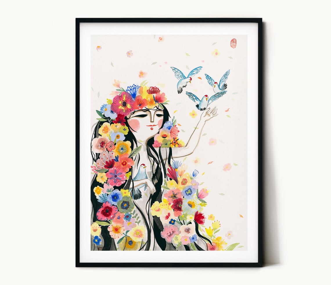 Flowers Girl Art Print, Chinese Painting Decor