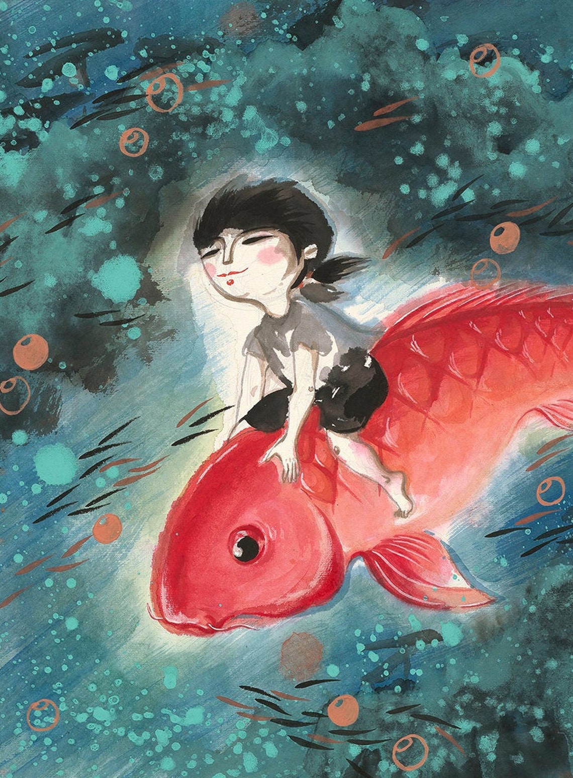 Child Riding Giant Red Koi Underwater Ink Wash Art Nursery Poster - Image 4