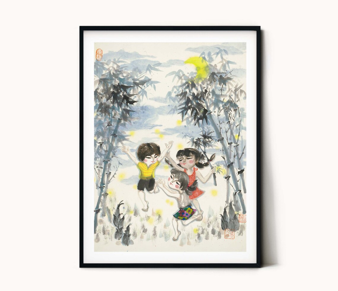 Kids Dancing Bamboo Forest Fireflies Ink Wash Art Nighttime Poster - Image 2