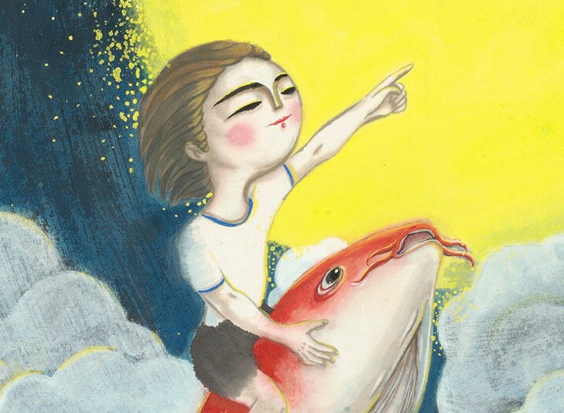 Boy and Koi Fish Chinese Ink Nursery Art Print - Image 4