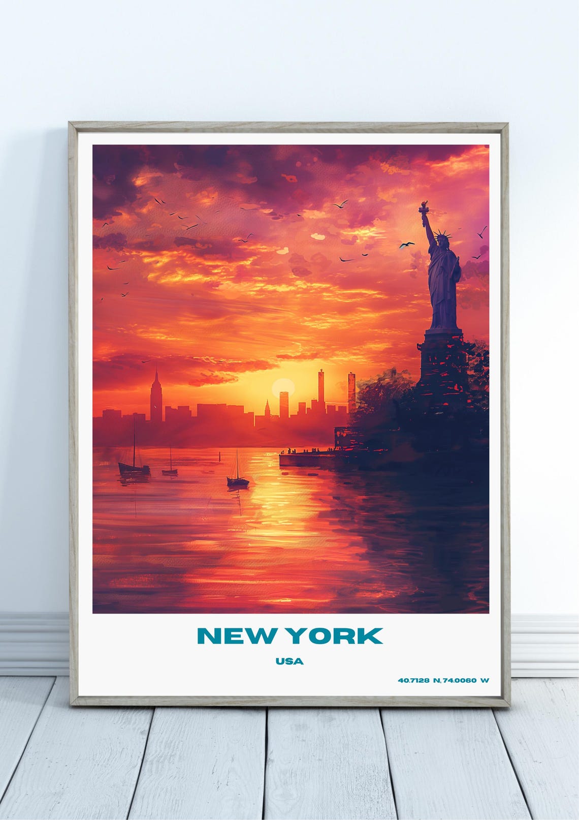 New York Sunset Harbor Poster with Statue of Liberty and Skyline