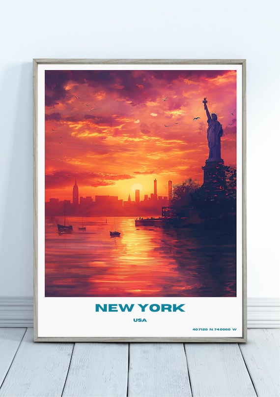 New York Sunset Harbor Poster with Statue of Liberty and Skyline