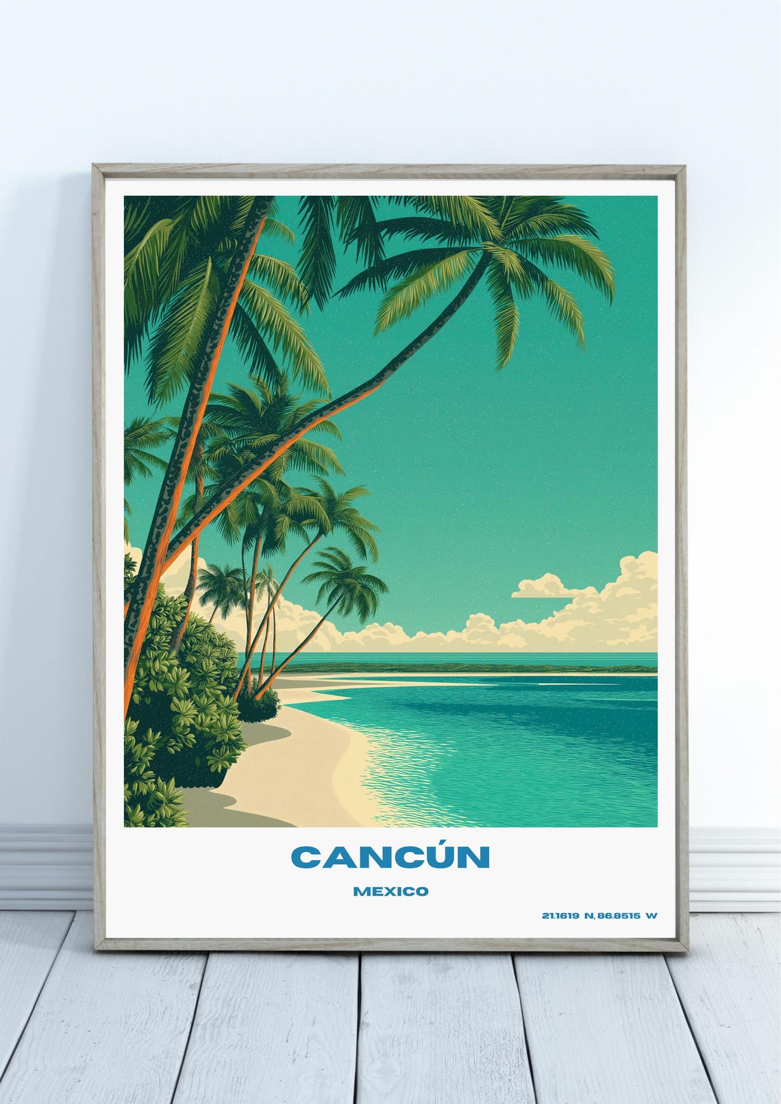 Cancun Mexico Beach Travel Poster with Palm Trees and Turquoise Sea