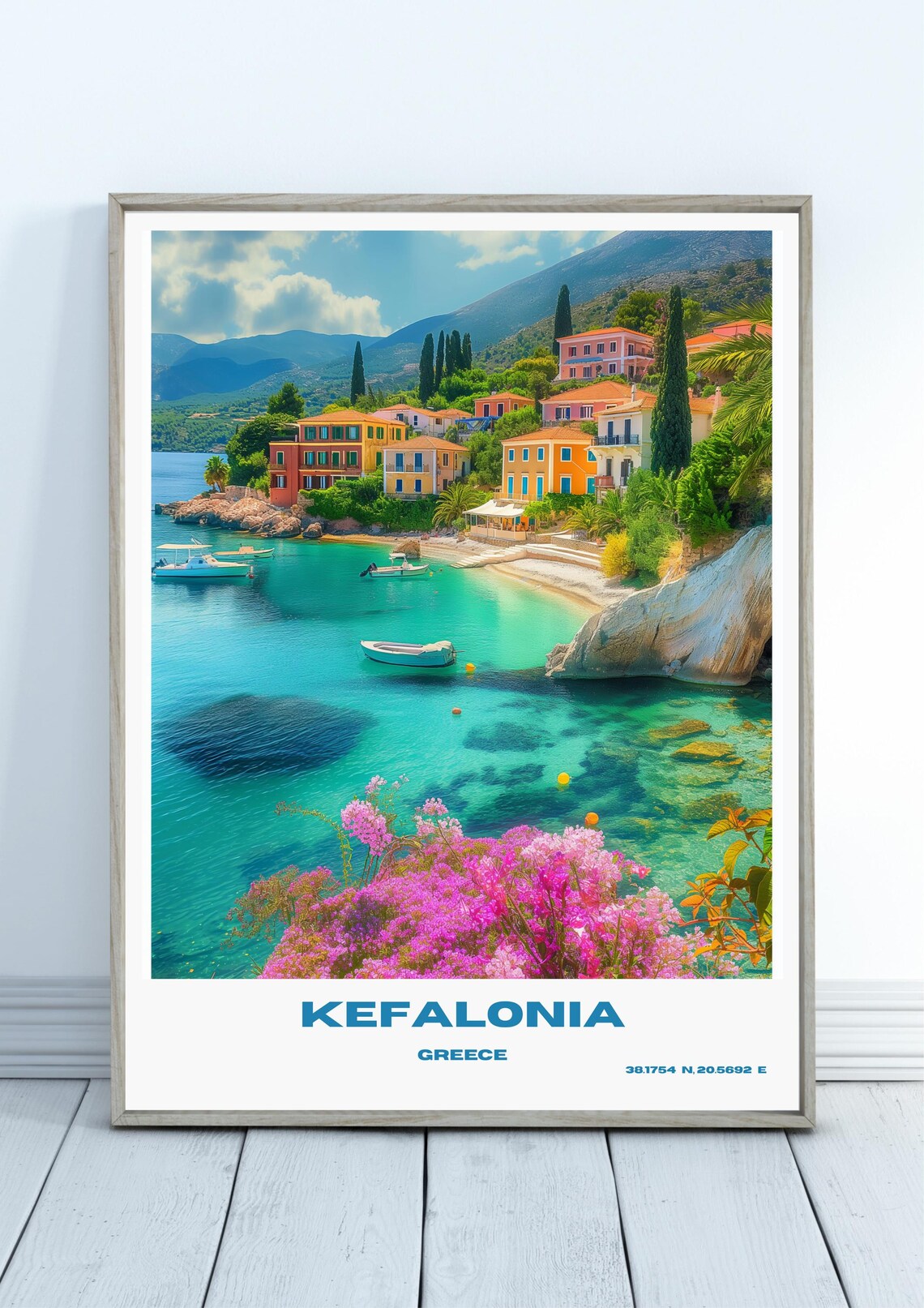 Kefalonia Greece Turquoise Coast Village Illustrated Travel Poster