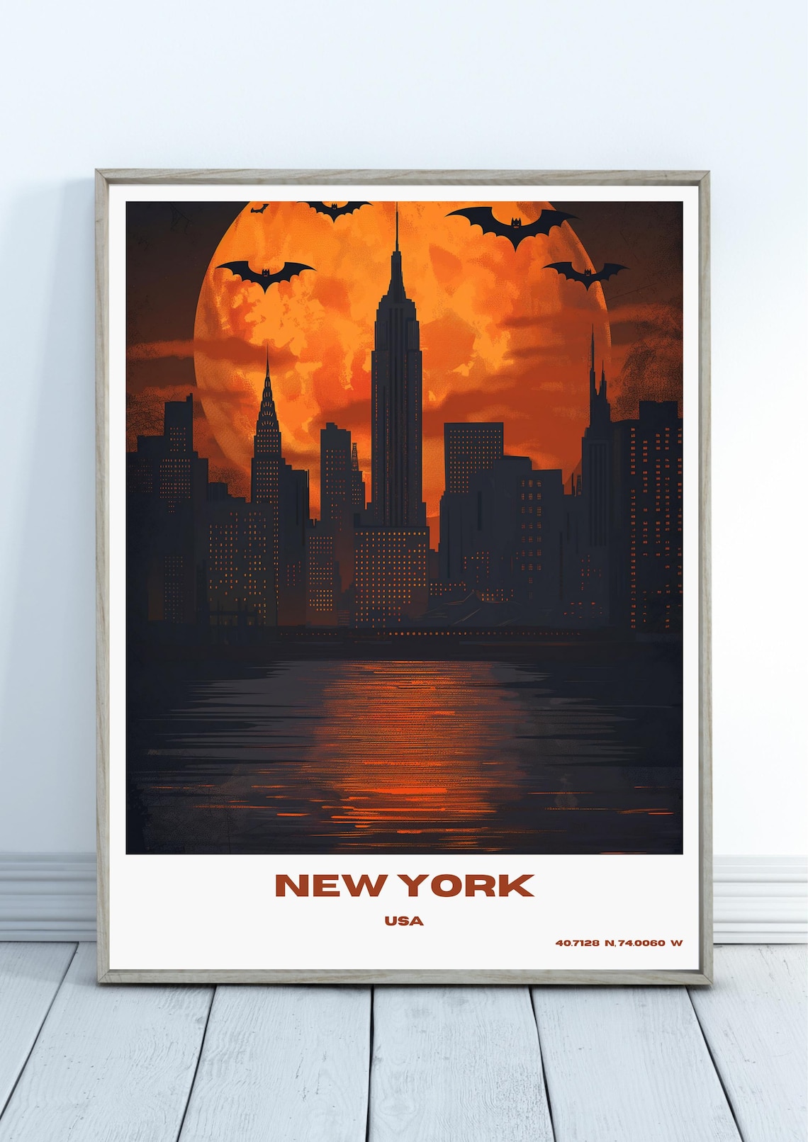 New York Halloween Night Skyline Bats Moon Illustrated Poster