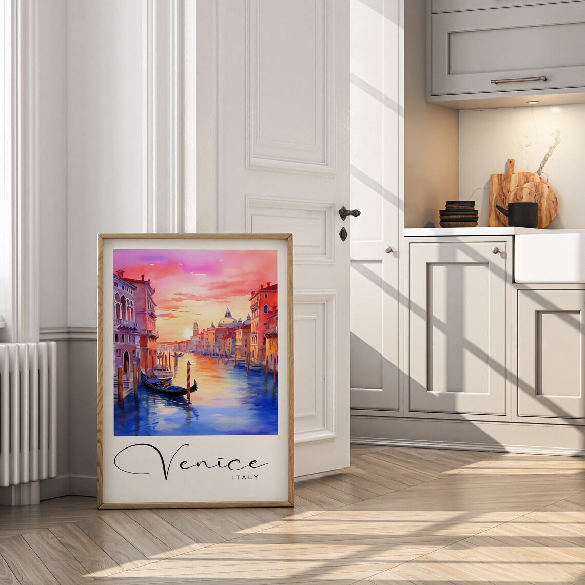 Venice Italy Gondola Canal Pink Sunset Watercolor Travel Poster - Image 2