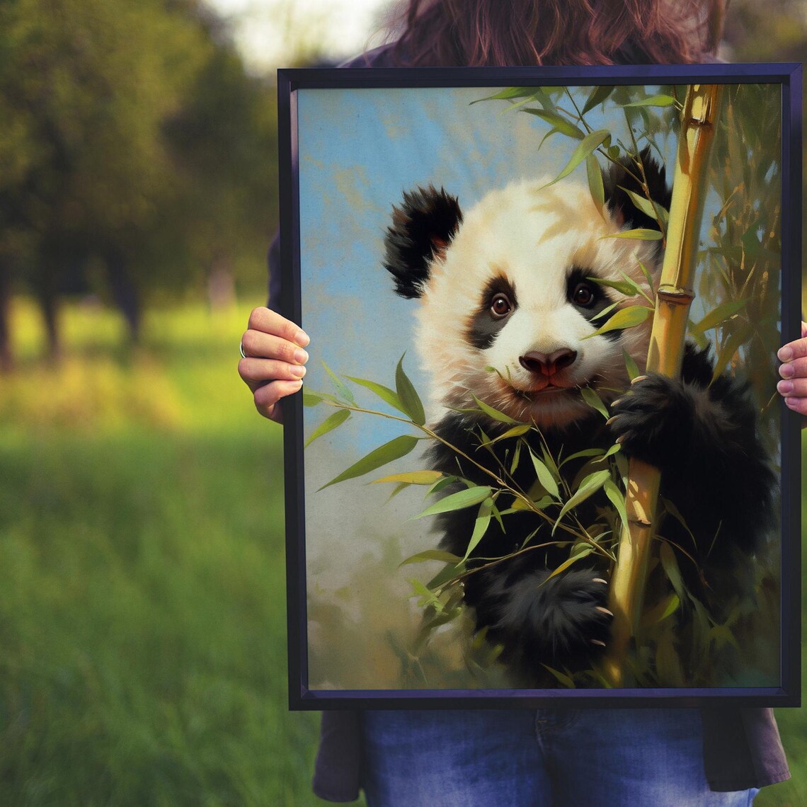 Sweet Baby Panda Hugging a Bamboo Stalk in Soft Pastel Tones Poster