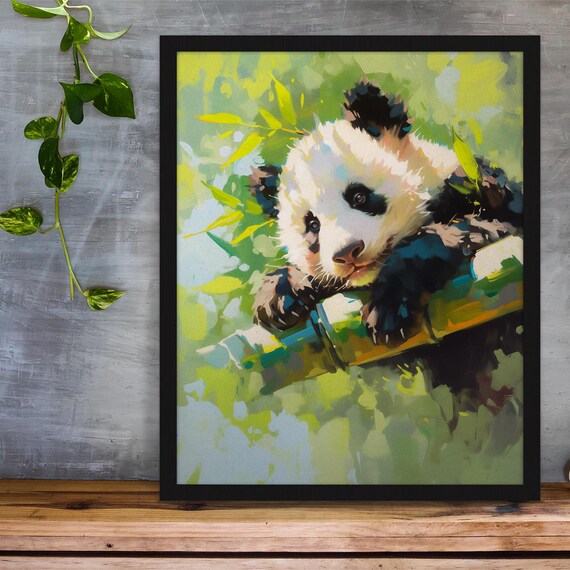 Cute Panda Cub Resting on Bamboo Among Soft Green Leaves Art Poster