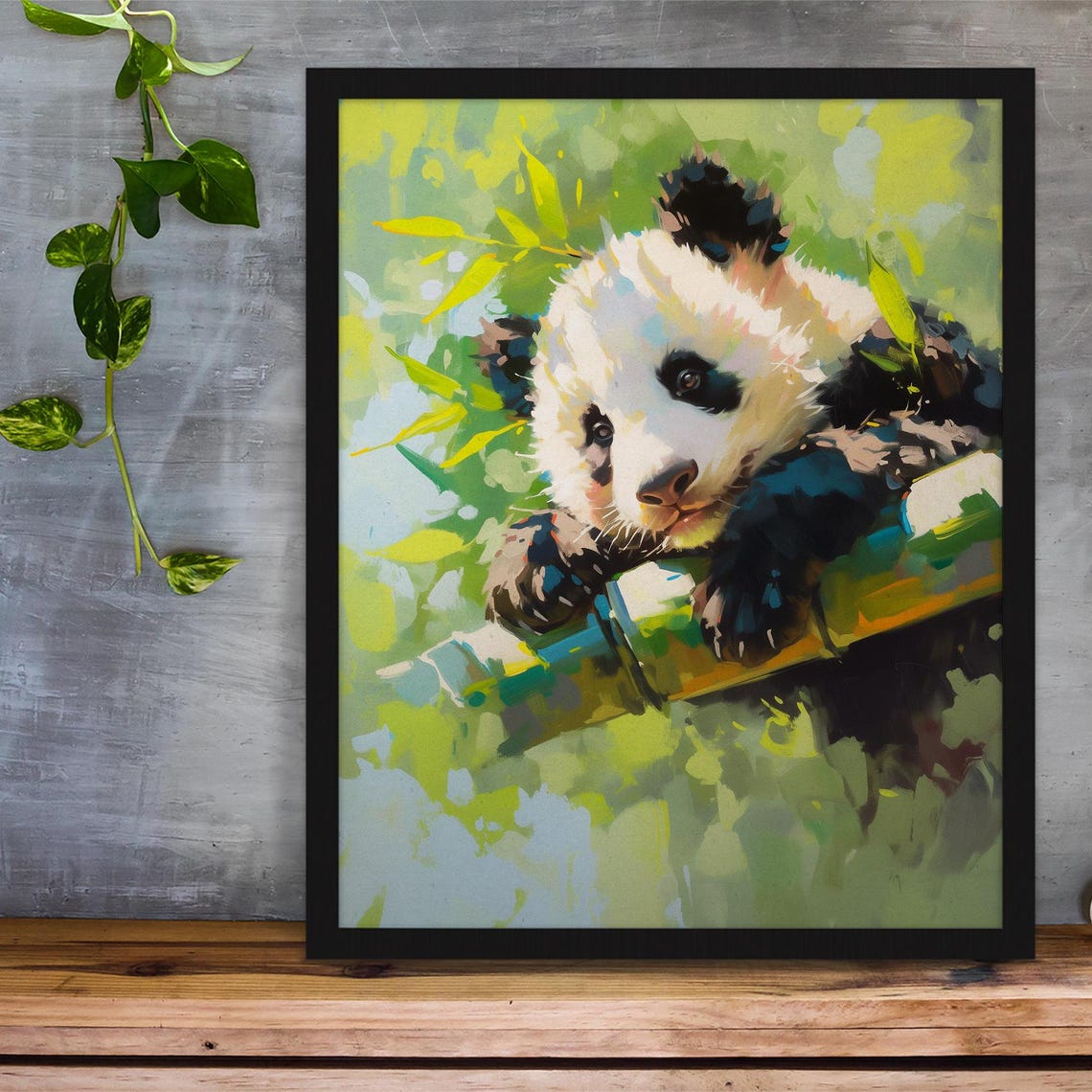 Cute Panda Cub Resting on Bamboo Among Soft Green Leaves Art Poster